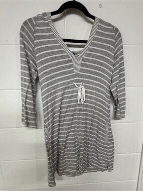 Gray & White Striped V-Neck Mini Dress with Drawstring Waist